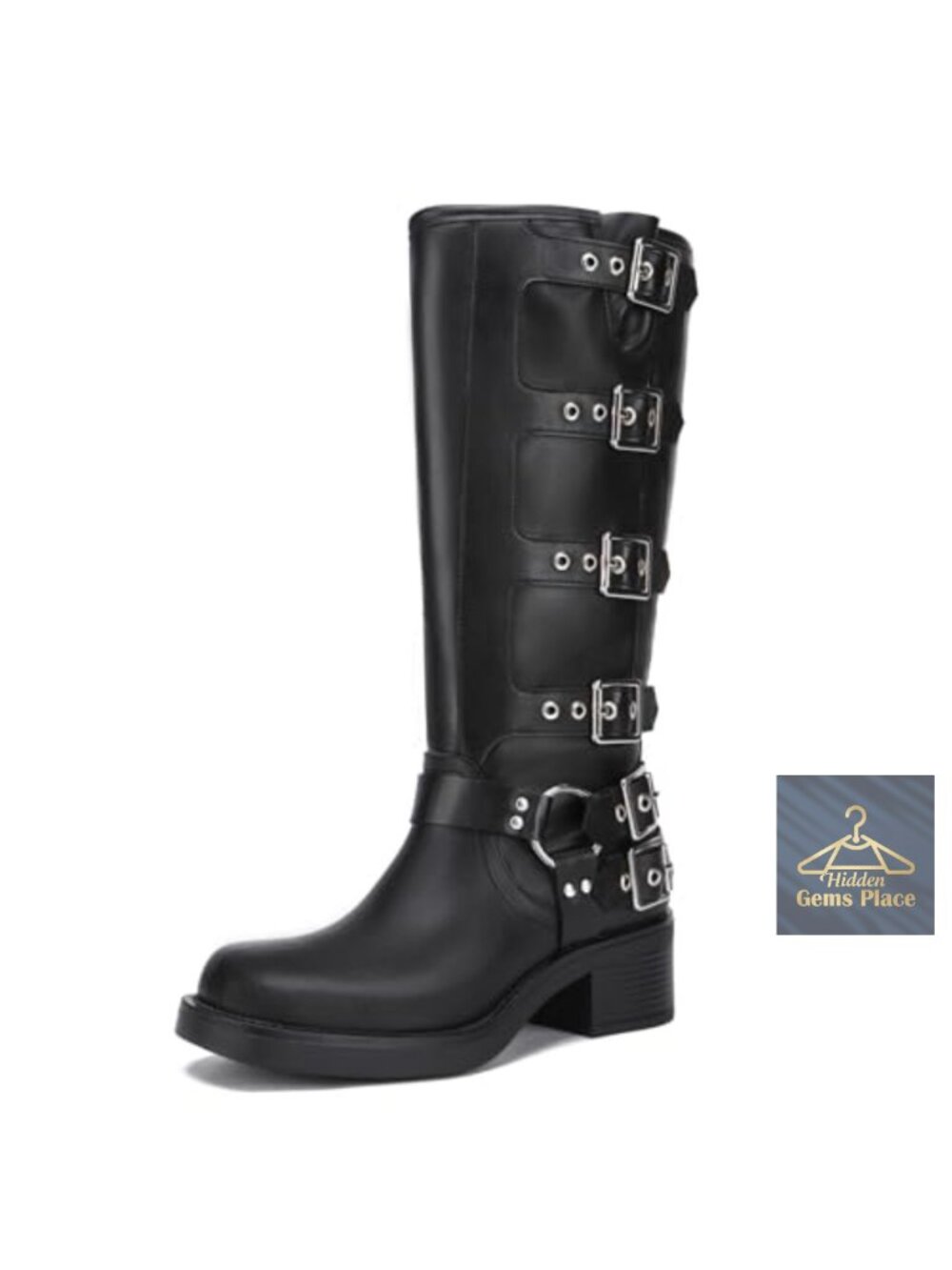 Knee High Riding Boots Faux Leather Buckle Biker Chunky Heel Wide Calf